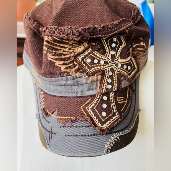 Leader Accessories - Leader Winged Cross Distressed Cadet Brown Embellished Cap
